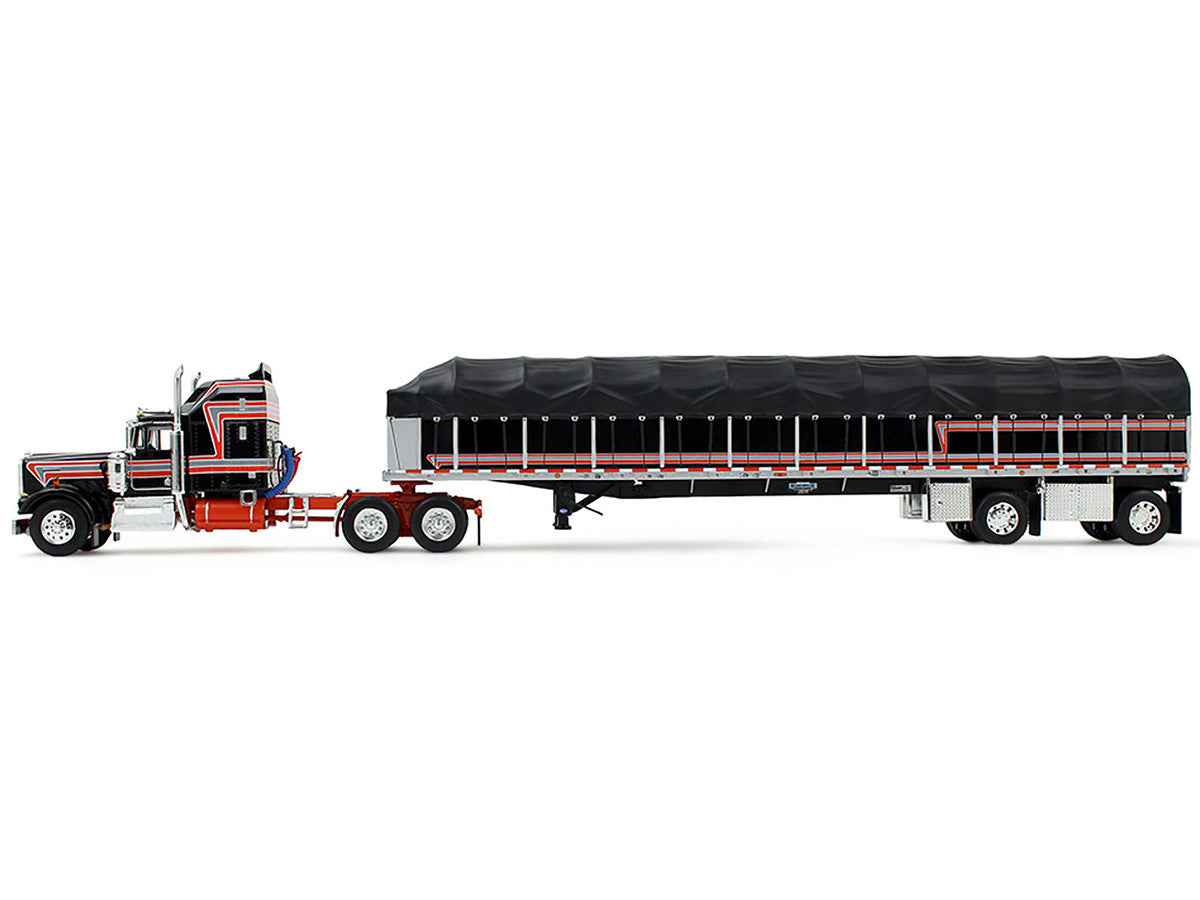 Black Kenworth W900A with red stripes and 53-foot Wilson covered flatbed trailer