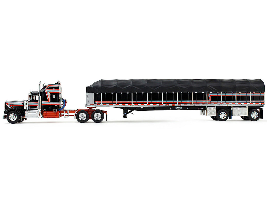 Black Kenworth W900A with red stripes and 53-foot Wilson covered flatbed trailer