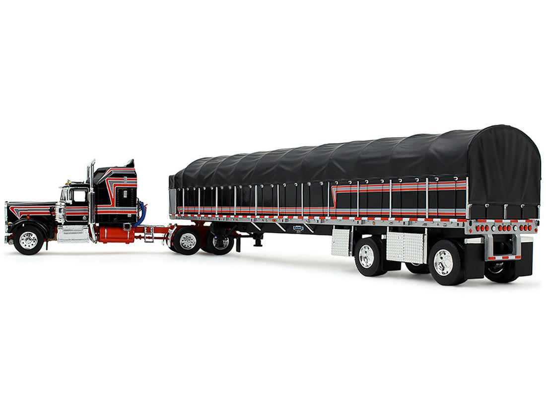 Black Kenworth W900A with red stripes and 53-foot Wilson covered flatbed trailer
