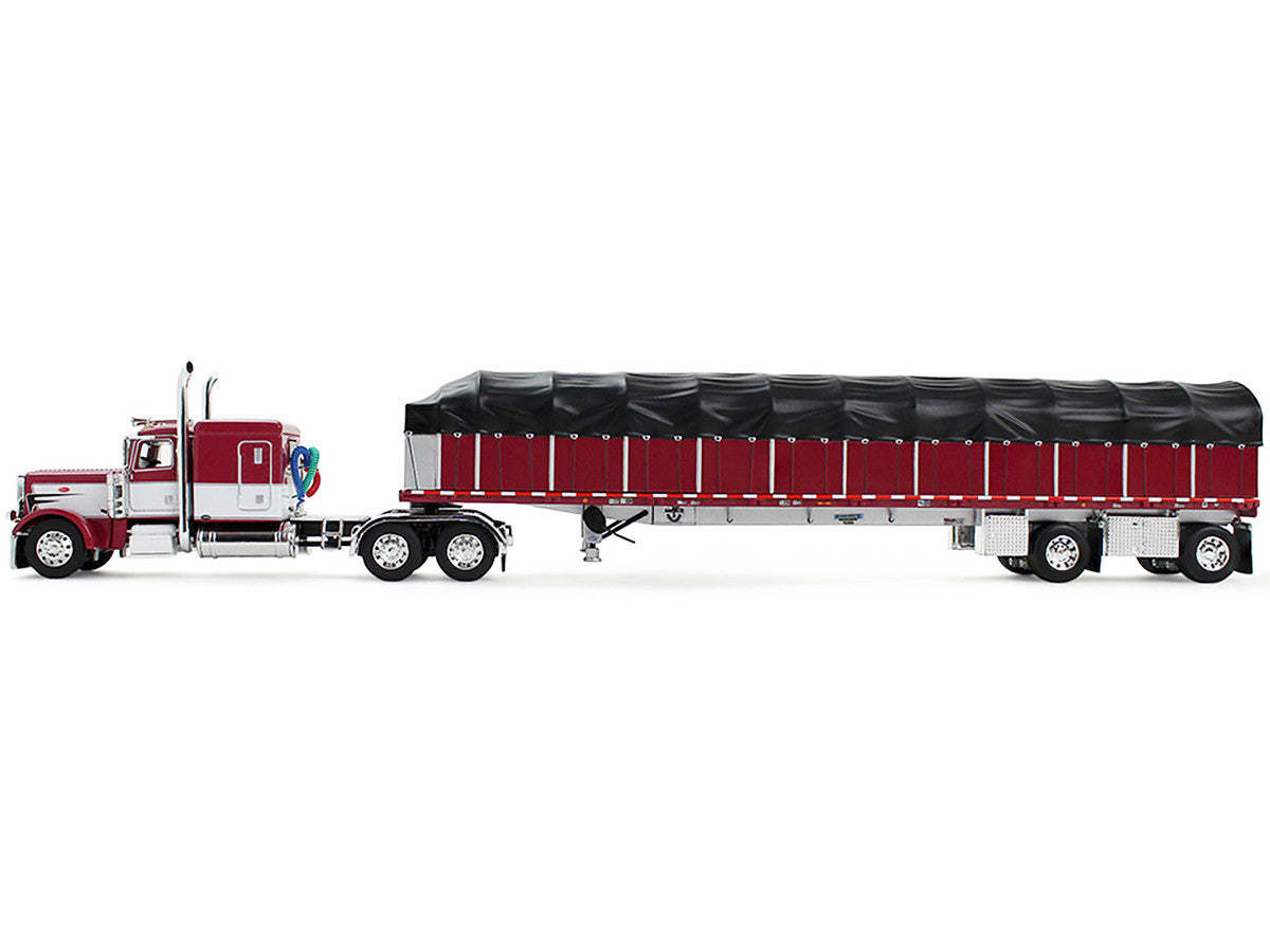 Peterbilt 389 with 63" Flat Top Sleeper and 53’ Wilson Roadbrute Flatbed Trailer with Covered Wagon Maroon with White Stripes 1/64 Diecast Model by DCP/First Gear-1