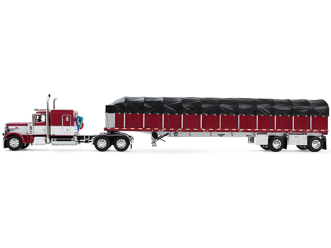 Peterbilt 389 with 63" Flat Top Sleeper and 53’ Wilson Roadbrute Flatbed Trailer with Covered Wagon Maroon with White Stripes 1/64 Diecast Model by DCP/First Gear-1
