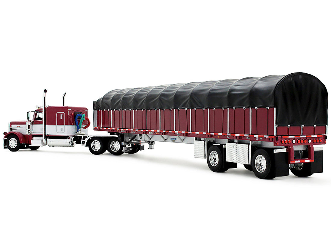 Peterbilt 389 with 63" Flat Top Sleeper and 53’ Wilson Roadbrute Flatbed Trailer with Covered Wagon Maroon with White Stripes 1/64 Diecast Model by DCP/First Gear-0