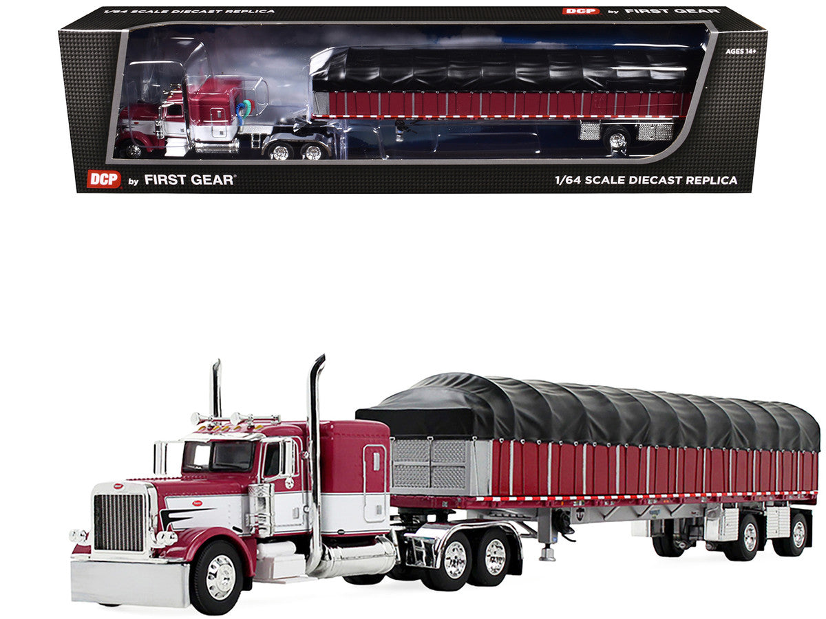 Peterbilt 389 with 63" Flat Top Sleeper and 53’ Wilson Roadbrute Flatbed Trailer with Covered Wagon Maroon with White Stripes 1/64 Diecast Model by DCP/First Gear-2