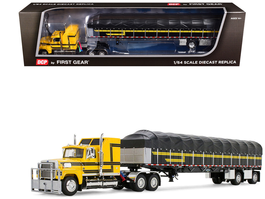 Ford LTL 9000 with 60" Aerodyne Sleeper and 53' Wilson Roadbrute Flatbed Trailer with Covered Wagon Yellow with Black Stripes 1/64 Diecast Model by DCP/First Gear-4