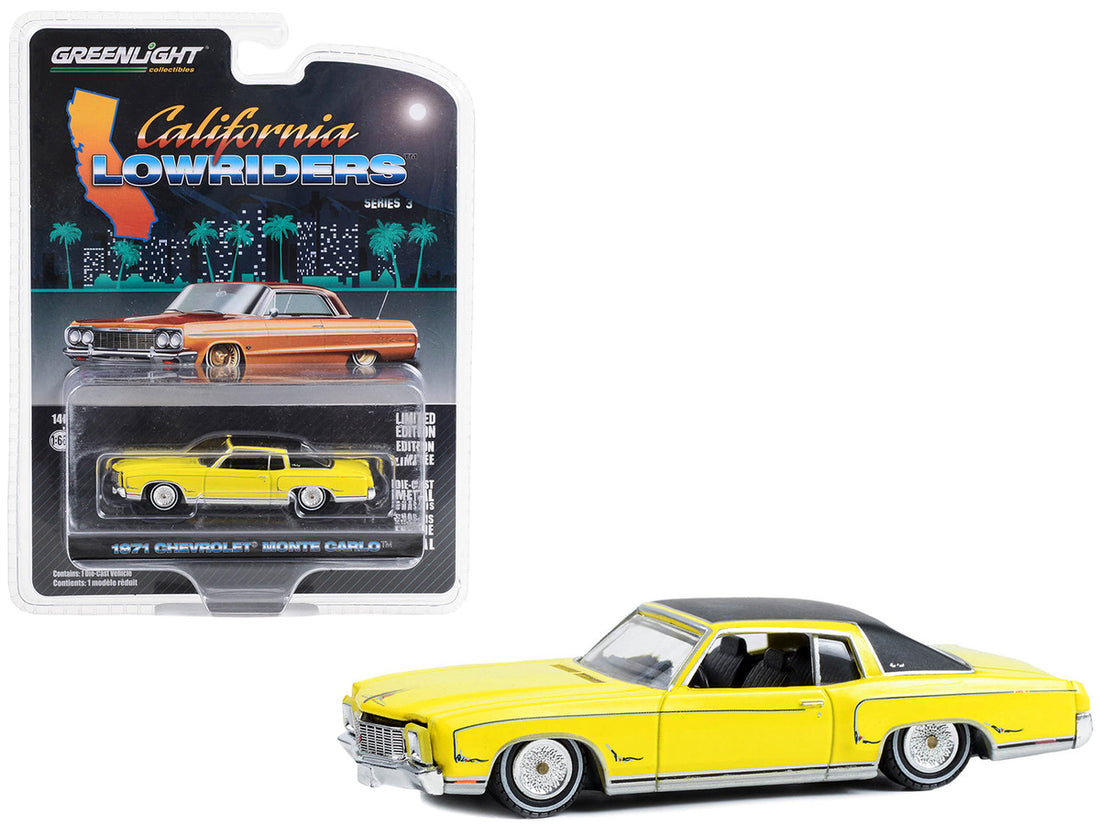 1971 Chevrolet Monte Carlo Lowrider Sunflower Yellow with Black Top "California Lowriders" Series 3 1/64 Diecast Model Car by Greenlight-0