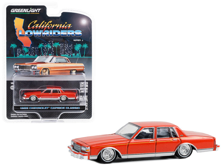 1989 Chevrolet Caprice Classic Lowrider Custom Red Orange with Yellow Stripes "California Lowriders" Series 3 1/64 Diecast Model Car by Greenlight-0