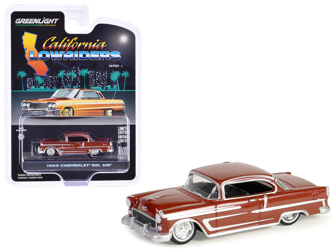 1955 Chevrolet Bel Air Lowrider Red Metallic and Silver "California Lowriders" Series 5 1/64 Diecast Model Car by Greenlight-0