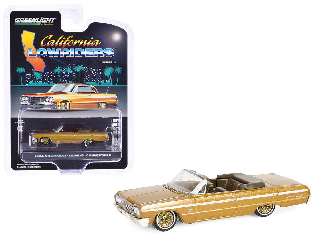 1964 Chevrolet Impala Convertible Lowrider Gold Metallic with Gold Interior "California Lowriders" Series 5 1/64 Diecast Model Car by Greenlight-0