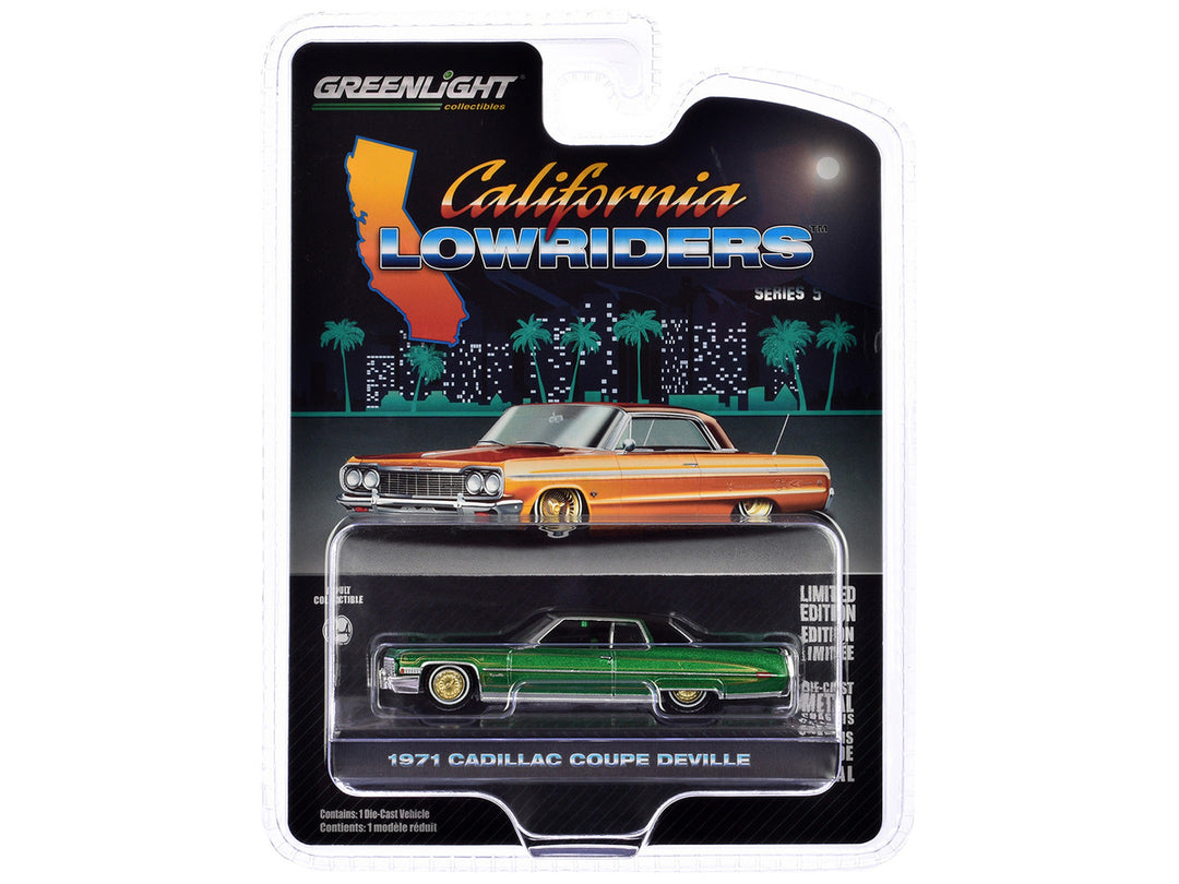 1971 Cadillac Coupe DeVille Lowrider Green Metallic with Black Top and Green Interior "California Lowriders" Series 5 1/64 Diecast Model Car by Greenlight-1