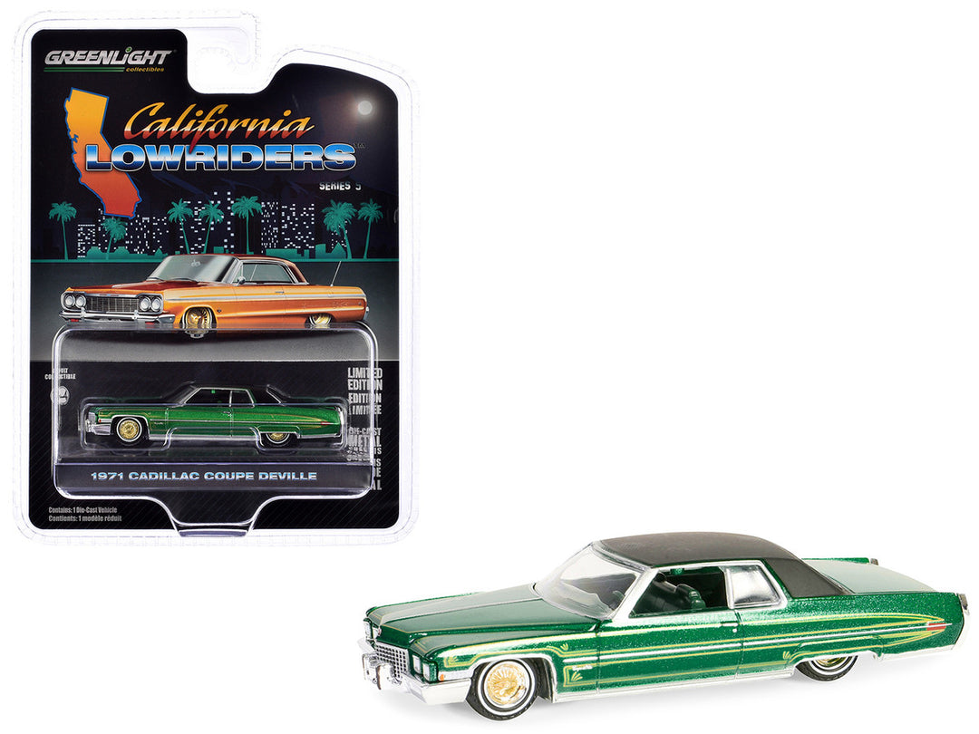 1971 Cadillac Coupe DeVille Lowrider Green Metallic with Black Top and Green Interior "California Lowriders" Series 5 1/64 Diecast Model Car by Greenlight-2