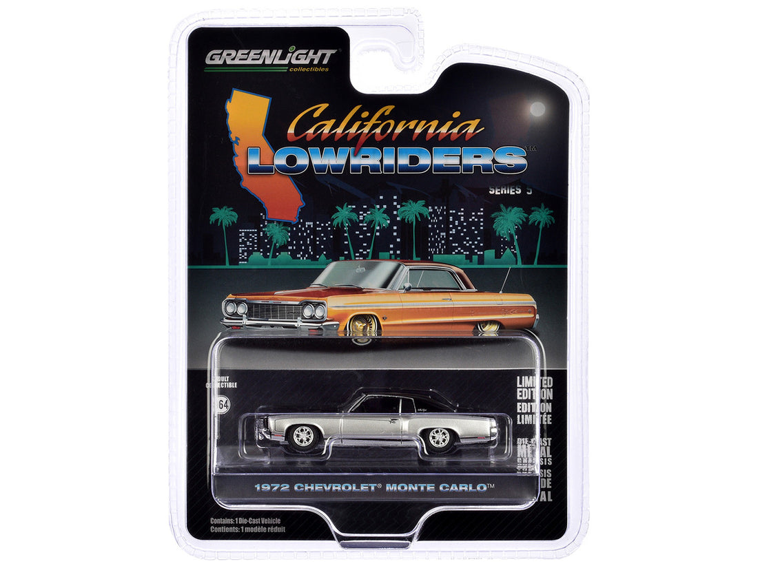 1972 Chevrolet Monte Carlo Lowrider Silver Metallic and Black "California Lowriders" Series 5 1/64 Diecast Model Car by Greenlight-2