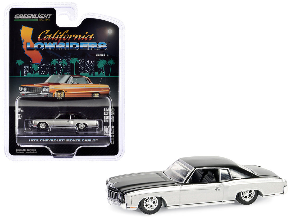 1972 Chevrolet Monte Carlo Lowrider Silver Metallic and Black "California Lowriders" Series 5 1/64 Diecast Model Car by Greenlight-0