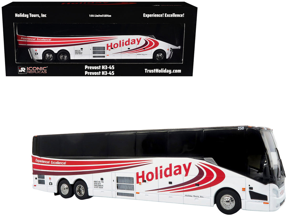Prevost H3-45 Coach Bus "Holiday Tours" White with Red Graphics Limited Edition 1/64 Diecast Model by Iconic Replicas-4