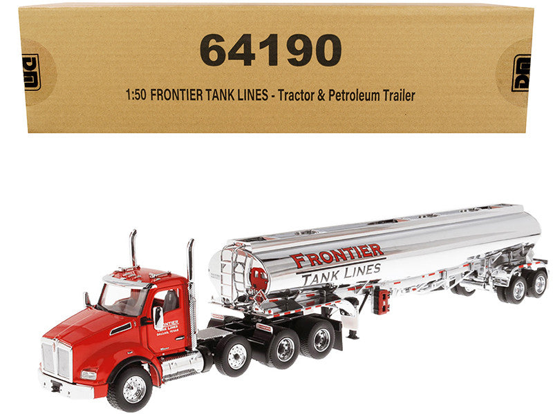 Kenworth T880 SBFA Tandem Day Cab Truck with Pusher Axle and Heil FD9300/DT-C4 Petroleum Tanker Trailer "Frontier Tank Lines" Red and Chrome "Transport Series" Limited Edition to 500 pieces Worldwide 1/50 Diecast Model by Diecast Masters-0