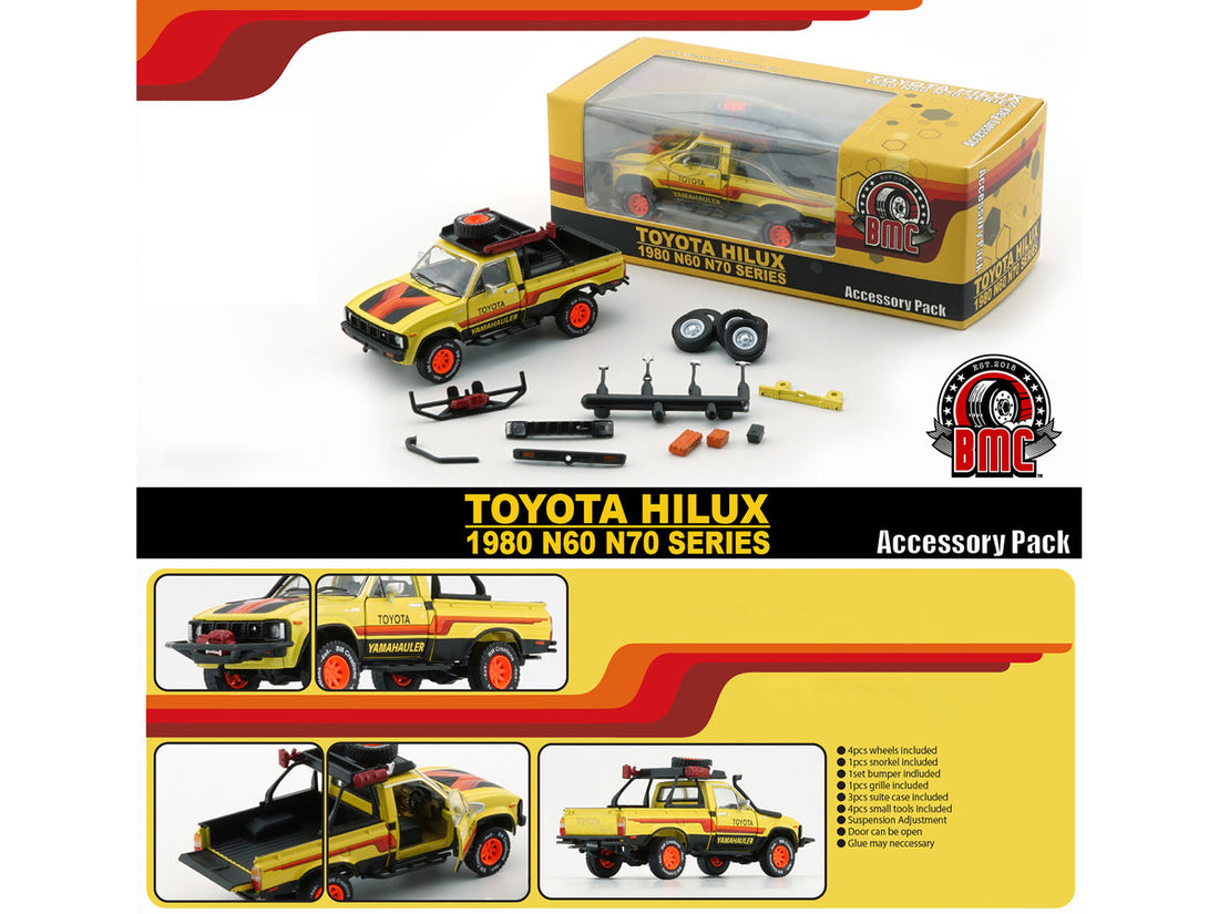 1980 Toyota Hilux Pickup Truck RHD (Right Hand Drive) Yellow with Stripes and Accessories 1/64 Diecast Model Car by BM Creations-2