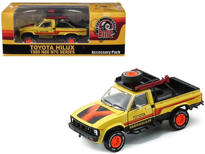 1980 Toyota Hilux Pickup Truck RHD (Right Hand Drive) Yellow with Stripes and Accessories 1/64 Diecast Model Car by BM Creations-0