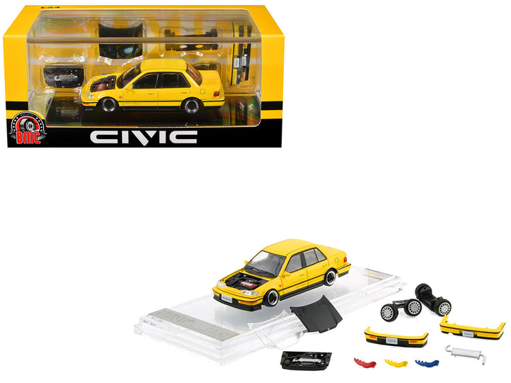 Honda Civic EF2 Custom Yellow with Alternate Parts 1/64 diecast model car by BM Creations displayed inside its premium collector display packaging.