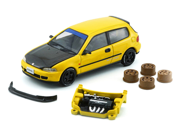 Honda Civic EG6 RHD (Right Hand Drive) Yellow with Carbon Hood with Alternates 1/64 Diecast Model Car by BM Creations 2
