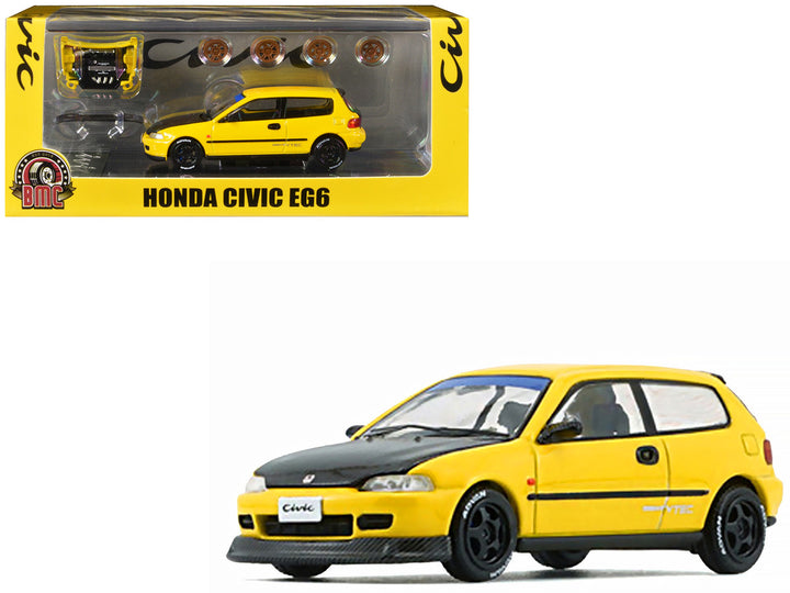 Honda Civic EG6 RHD (Right Hand Drive) Yellow with Carbon Hood with Alternates 1/64 Diecast Model Car by BM Creations