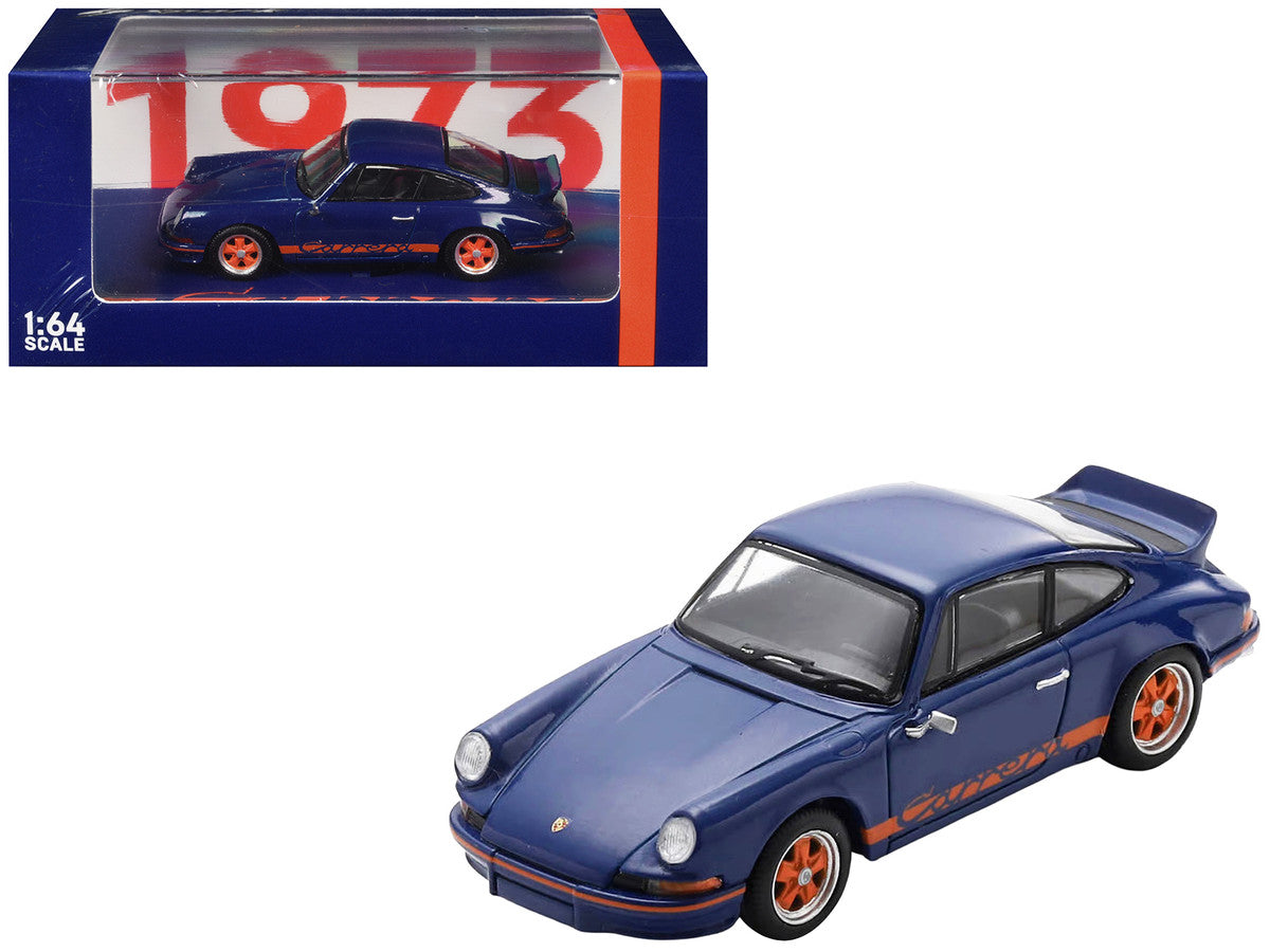 Porsche 911 1973 RS 2.7 Blue with Orange Stripes 1/64 Model Car by Spark
