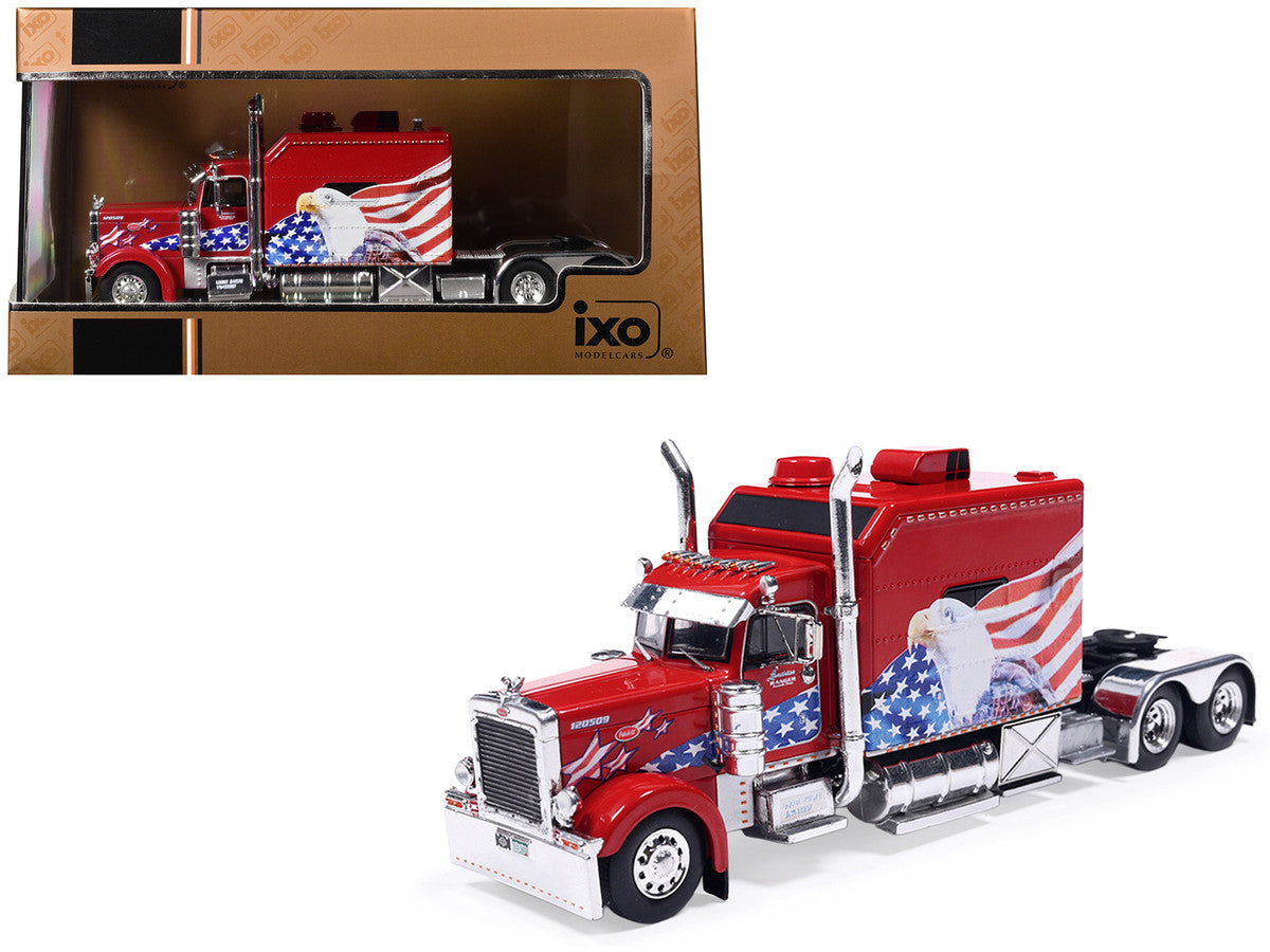 2002 Peterbilt 379 Custom Truck Tractor Red with Patriotic Graphics 1/64 Diecast Model by IXO Models