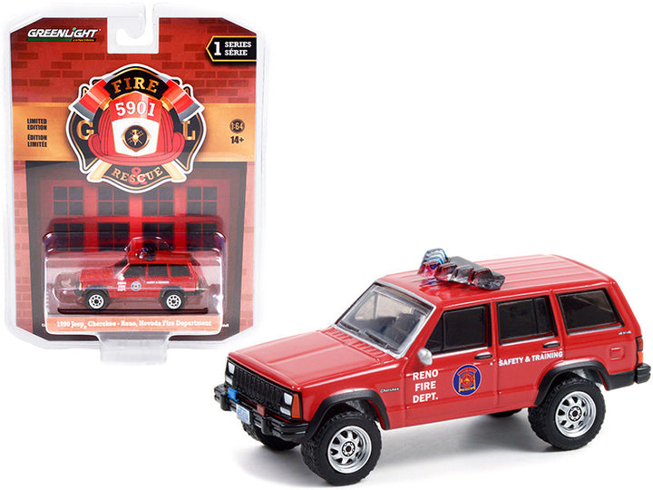 Jeep Cherokee 1990 Red "Reno Fire Department" (Nevada) "Fire & Rescue" Series 1 1/64 Diecast Model Car by Greenlight
