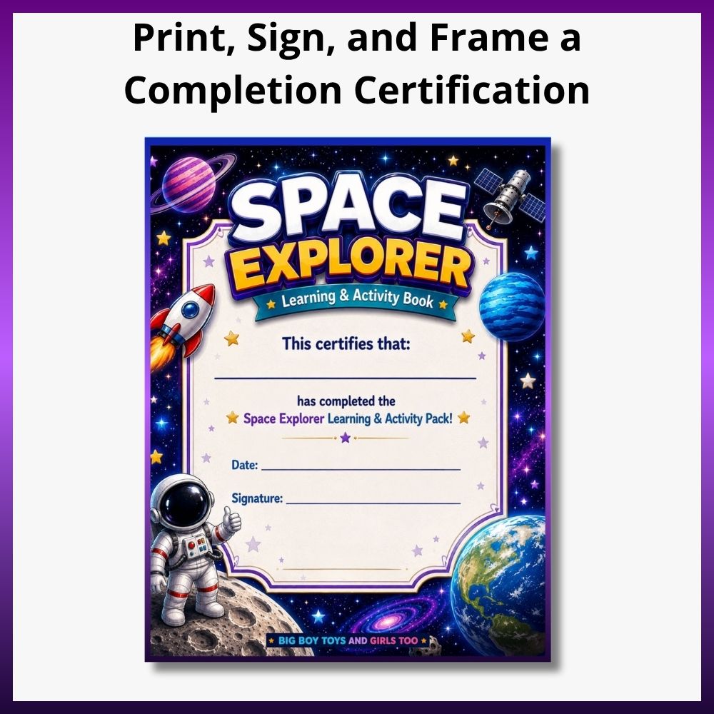 A children's space-themed completion certificate book cover shown on a white background with purple border lines. The cover reads 'SPACE EXPLORER Learning & Activity Book' and includes illustrations of a rocket, astronaut, planets, stars, and a satellite.