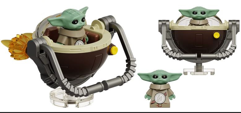 Baby Yoda Grogu-inspired custom minifigure with hovering pram sci-fi building toy