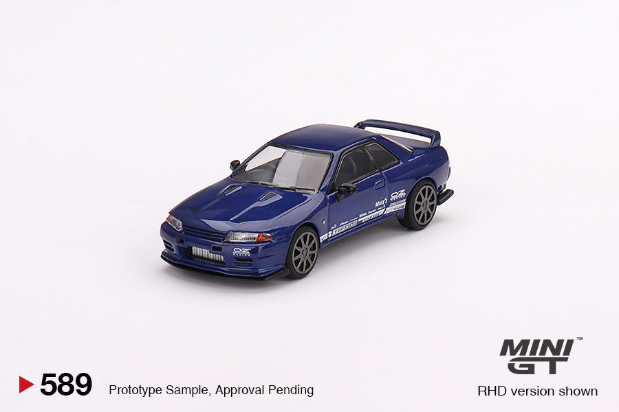 Nissan Skyline GT-R Top Secret VR32 Metallic Blue #589 1:64 By Mini-GT MGT00589 Angled Front View