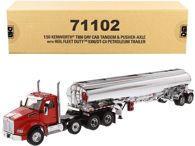 Kenworth T880 Day Cab Tandem Truck with Pusher-Axle and Heil Fleet Duty 9300/DT-C4 Petroleum Tanker Trailer Red and Chrome "Transport Series" 1/50 Diecast Model by Diecast Masters-0