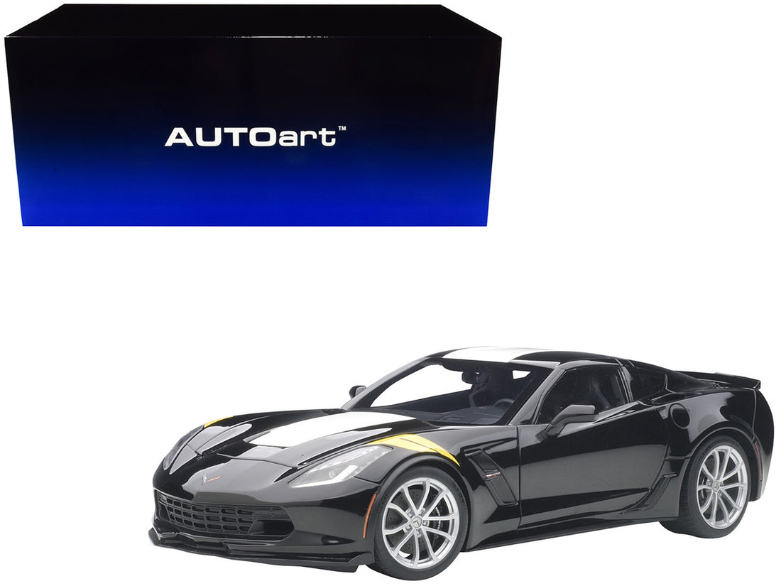 2017 Chevrolet Corvette C7 Grand Sport Black with White Stripe and Yellow Fender Hash Marks 1/18 Model Car by Autoart-0