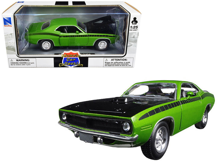 1970 Plymouth Barracuda Green with Black Hood and Stripes "Muscle Car Collection" 1/25 Diecast Model Car by New Ray-0