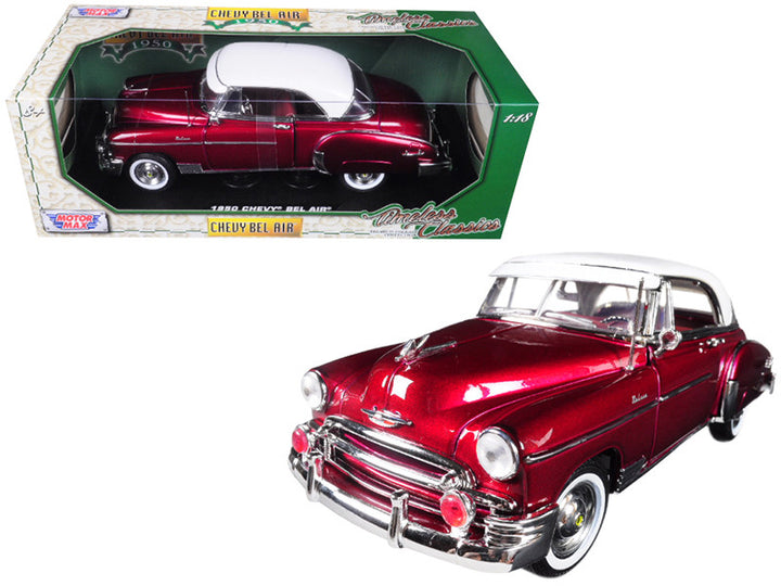 1950 Chevrolet Bel Air Burgundy with White Roof 1/18 Diecast Model Car by Motormax-0