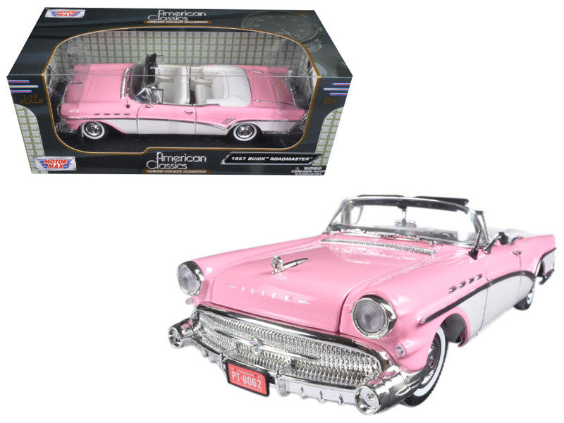 1957 Buick Roadmaster Convertible Pink and White 1/18 Diecast Model Car by Motormax-0