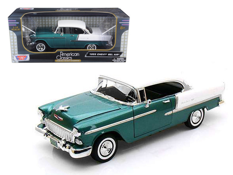 1955 Chevrolet Bel Air Hard Top Green Metallic and White 1/18 Diecast Model Car by Motormax-0