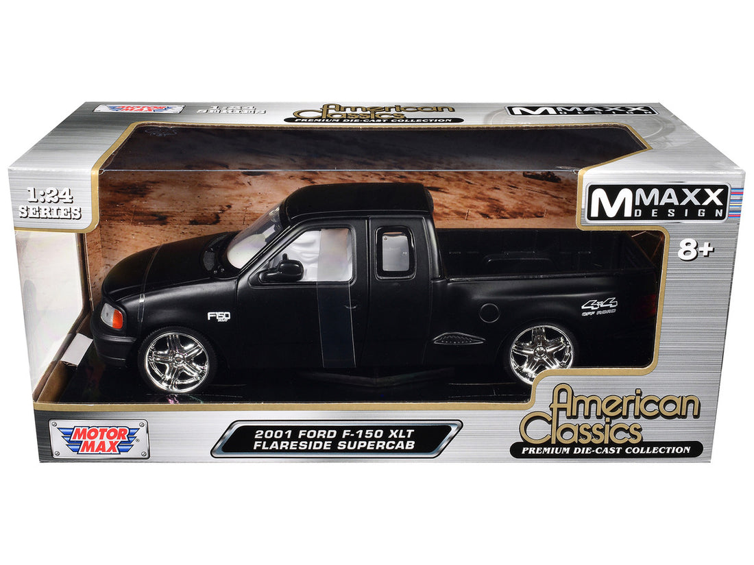 2001 Ford F-150 XLT Flareside Supercab Pickup Truck Matt Black with White Interior "Maxx Design" "American Classics" Series 1/24 Diecast Model Car by Motormax-0