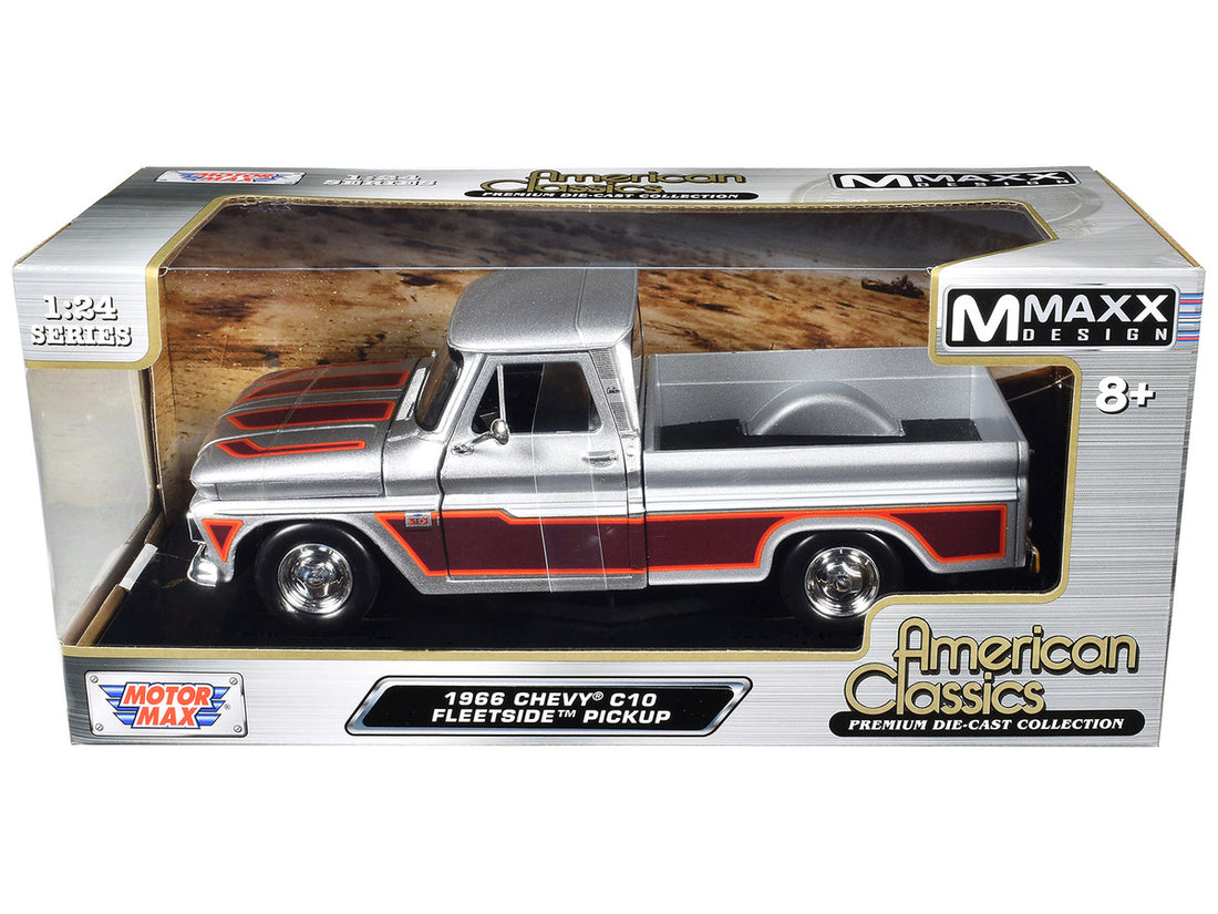 1966 Chevrolet C10 Fleetside Pickup Truck Silver Metallic with Brown Sides "American Classics" Series 1/24 Diecast Model Car by Motormax-2