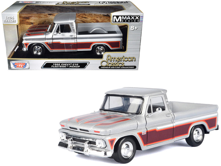 1966 Chevrolet C10 Fleetside Pickup Truck Silver Metallic with Brown Sides "American Classics" Series 1/24 Diecast Model Car by Motormax-0