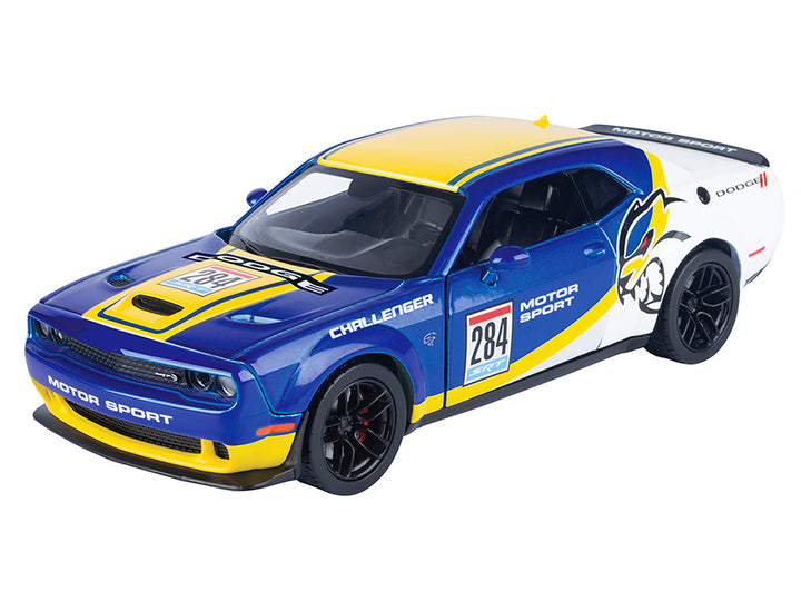 2018 Dodge Challenger SRT Hellcat Widebody #284 Blue Metallic and White with Yellow Graphics "GT Racing" Series 1/24 Diecast Model Car by Motormax-0