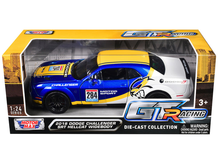 2018 Dodge Challenger SRT Hellcat Widebody #284 Blue Metallic and White with Yellow Graphics "GT Racing" Series 1/24 Diecast Model Car by Motormax-1