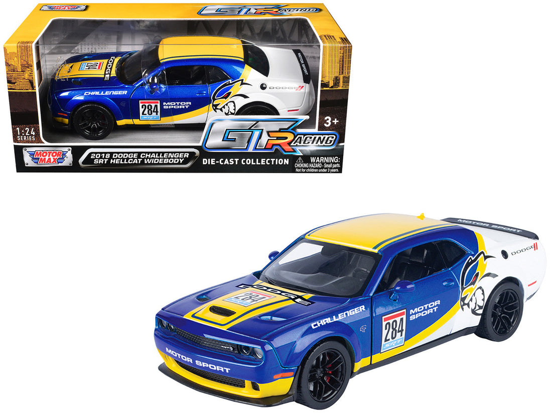 2018 Dodge Challenger SRT Hellcat Widebody #284 Blue Metallic and White with Yellow Graphics "GT Racing" Series 1/24 Diecast Model Car by Motormax-2