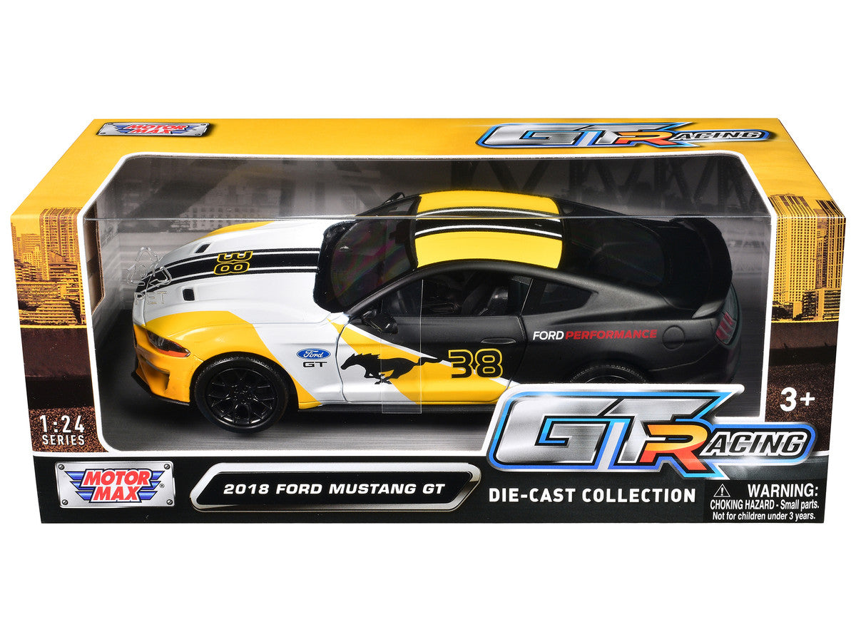 2018 Ford Mustang GT #38 White and Matt Black with Yellow Graphics "GT Racing" Series 1/24 Diecast Model Car by Motormax-1