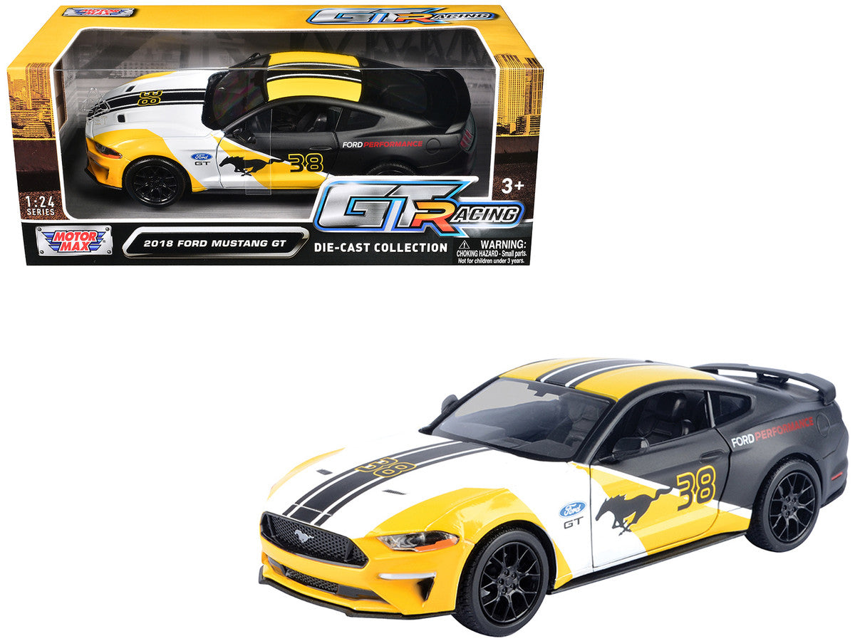 2018 Ford Mustang GT #38 White and Matt Black with Yellow Graphics "GT Racing" Series 1/24 Diecast Model Car by Motormax-2