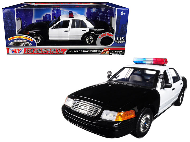 2001 Ford Crown Victoria Police Car Plain Black & White with Flashing Light Bar & Front and Rear Lights and Sound 1/18 Diecast Model Car by Motormax-0