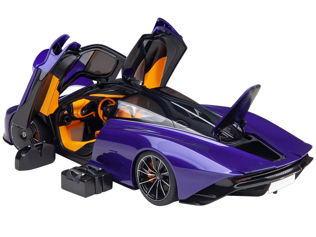 McLaren Speedtail Lantana Purple Metallic with Black Top and Yellow Interior and Suitcase Accessories  1/18 Model Car by Autoart-1