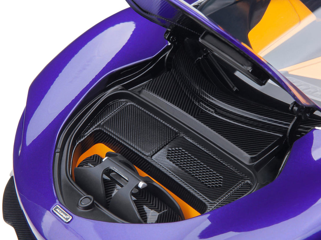 McLaren Speedtail Lantana Purple Metallic with Black Top and Yellow Interior and Suitcase Accessories  1/18 Model Car by Autoart-2