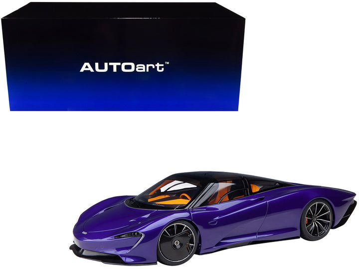 McLaren Speedtail Lantana Purple Metallic with Black Top and Yellow Interior and Suitcase Accessories  1/18 Model Car by Autoart-0