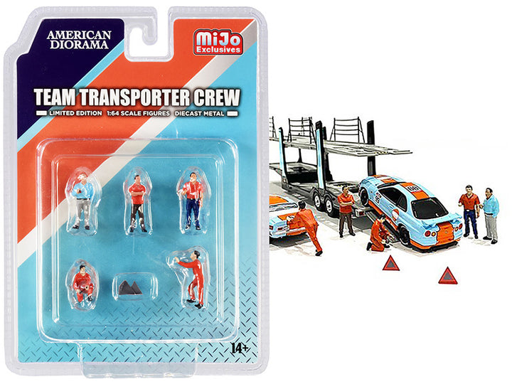 "Team Transporter Crew" Diecast Set of 6 pieces (5 Figurines and 2 Warning Triangles) for 1/64 Scale Models by American Diorama-0