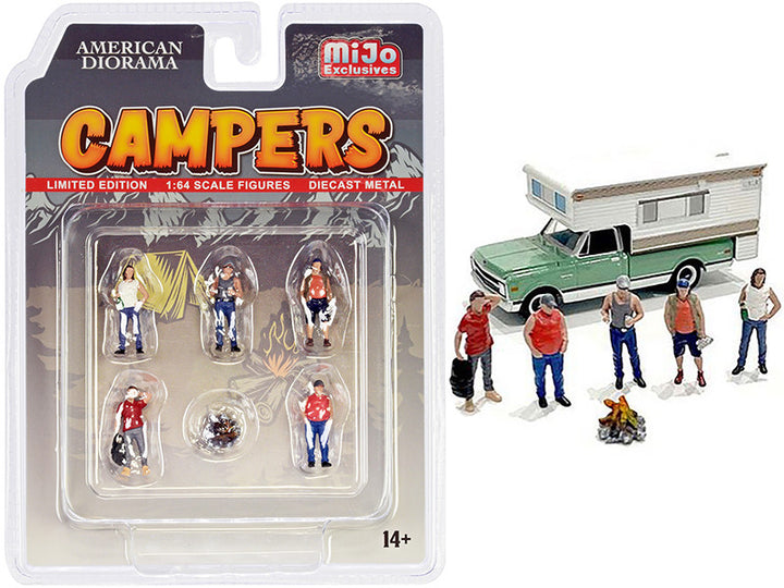 "Campers" 6 piece Diecast Set (5 Figurines and 1 Accessory) for 1/64 Scale Models by American Diorama-0