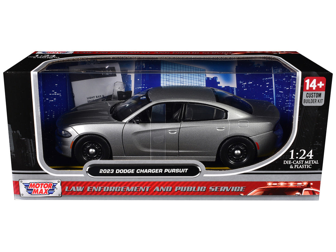 2023 Dodge Charger Pursuit Police Car Silver Metallic "Custom Builder's Kit - Law Enforcement and Public Service" Series 1/24 Diecast Model Car by Motormax-0